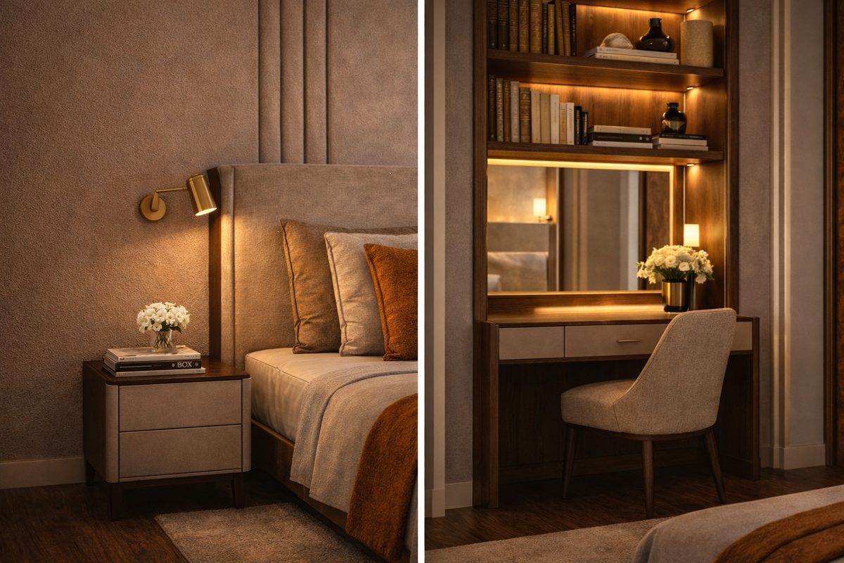 Hotel guest bedroom with dressing table