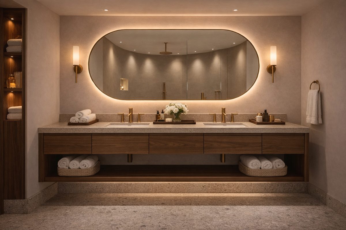 Hotel bathroom vanity with backlit mirror